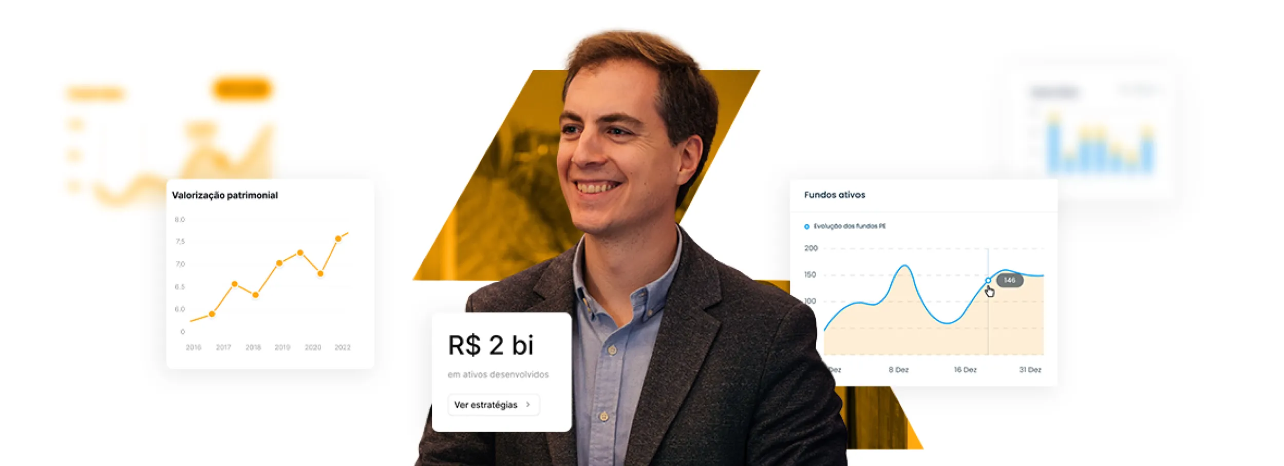 Gestor da Arie Capital ao lado de painéis de valorização patrimonial, R$ 2 bi em ativos desenvolvidos e evolução dos fundos de Private Equity